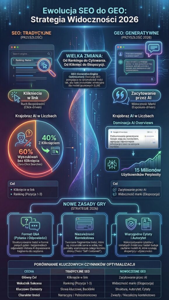 Ewolucja SEO do GEO – porównanie tradycyjnego SEO opartego na kliknięciach z GEO skoncentrowanym na cytowaniu przez AI i widoczności marki w 2026 roku