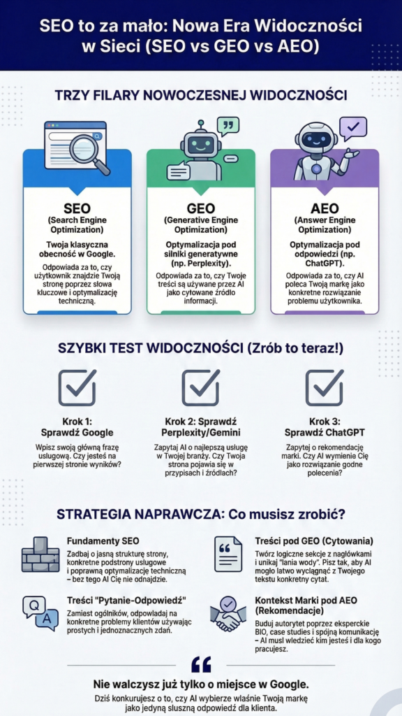 Infografika dotycząca widoczności marki w dobie AI, utrzymana w kolorystyce granatowej (#1800ad). Przedstawia trzy filary widoczności: SEO (pozycjonowanie w Google), GEO (cytowanie przez silniki generatywne jak Perplexity czy Gemini) oraz AEO (rekomendacje w modelach takich jak ChatGPT) . Grafika zawiera instrukcję 3-krokowego testu widoczności oraz strategię budowania obecności marki poprzez konkretne odpowiedzi na pytania użytkowników i wzmacnianie autorytetu eksperckiego