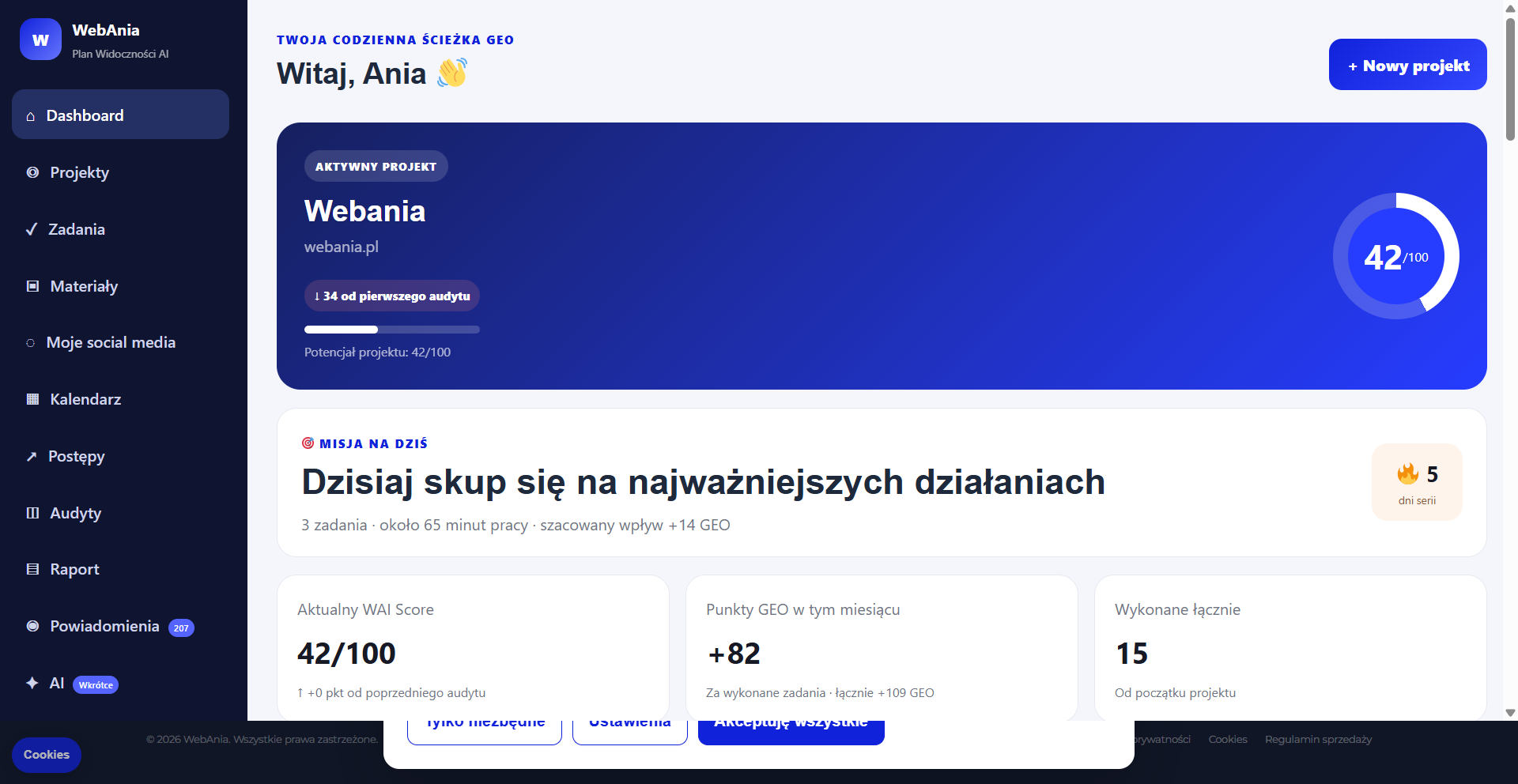 Kokpit WebAnia Plan Widoczności AI